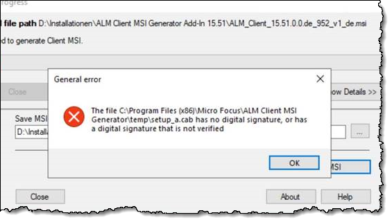 The file .cab has no digital signature, or has a digital signature that is not verified